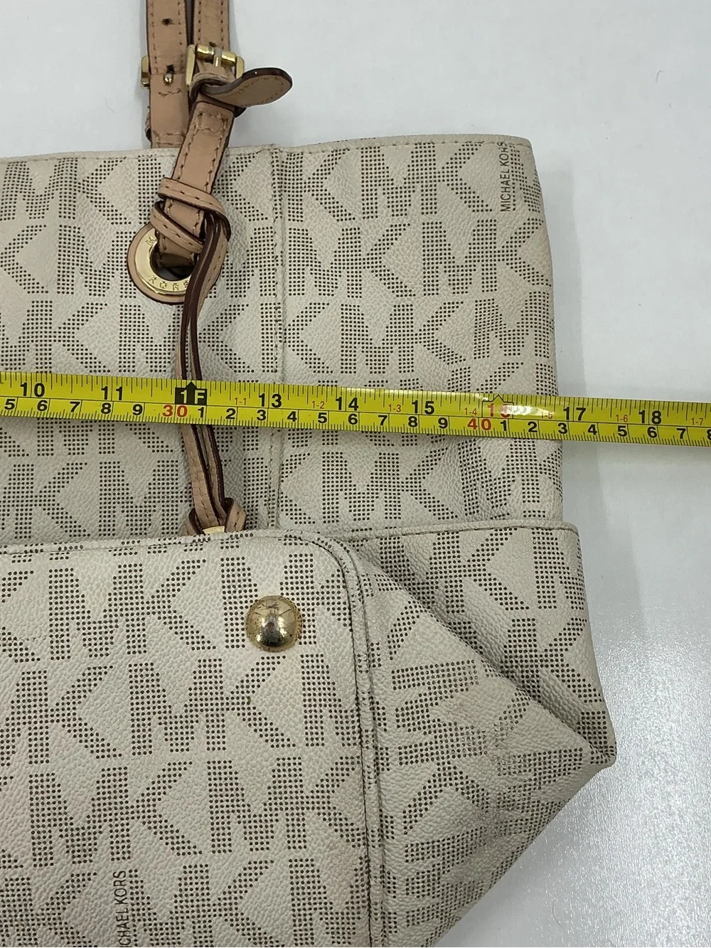 Michael Kors Beige Logo MK Tote with Tan Leather Straps D23
